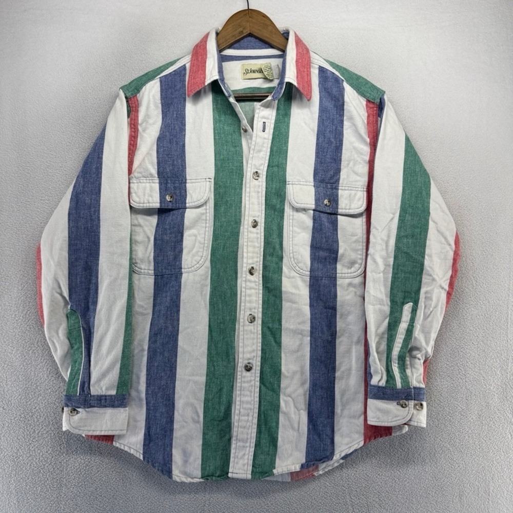 Vintage St Johns Bay Flannel Shirt Mens Large White Vertical Stripe Thick Heavy